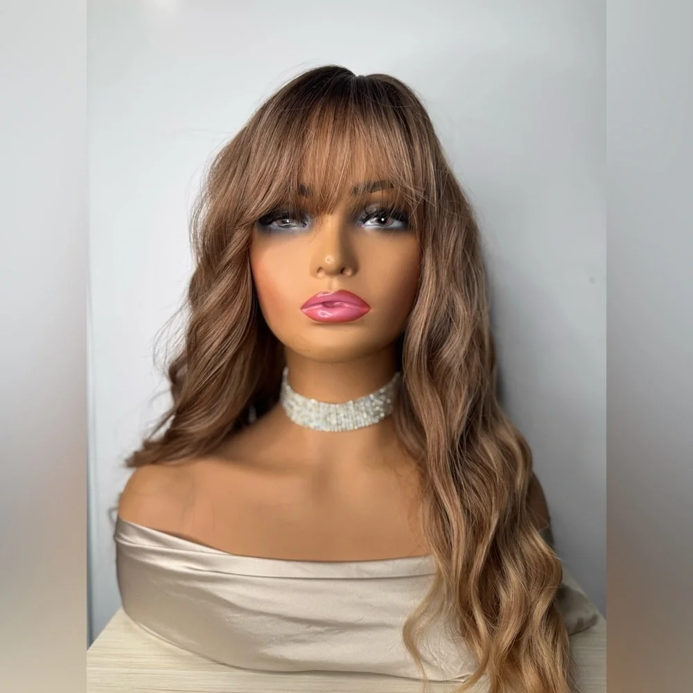 Long Wavy Synthetic Wig w/ Curtain Bangs – Mocha Brown Balayage – Natural Waves
